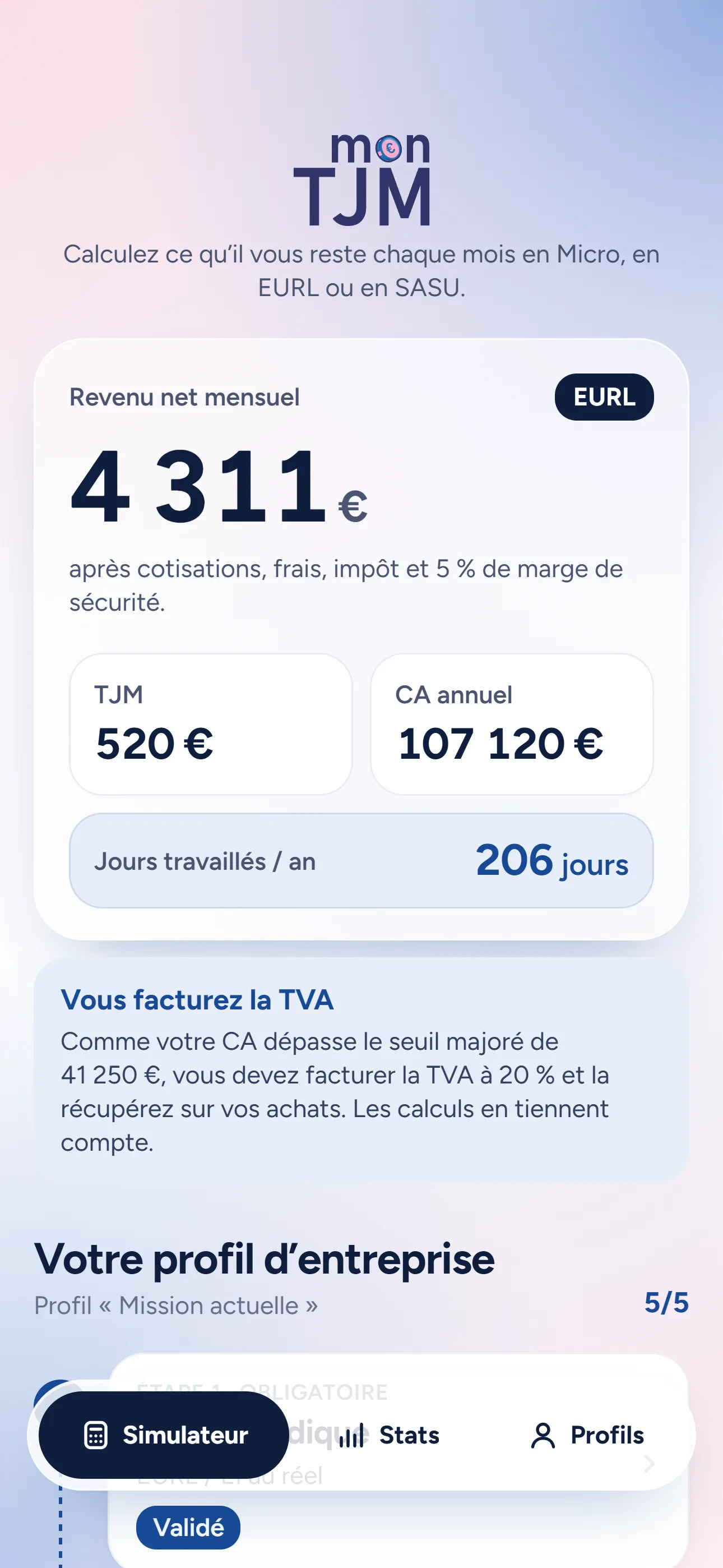 Écran Simulateur de l’app Mon TJM : un TJM de 520 € en EURL donne 4 311 € nets par mois